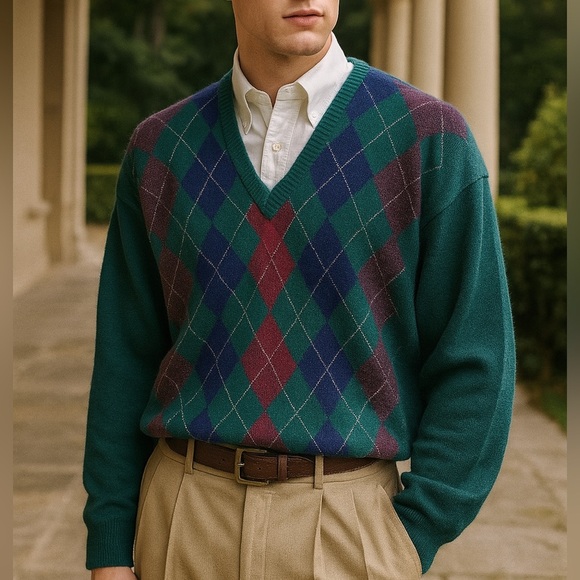 Vintage Burberrys 1990s Lambswool Argyle V Neck Sweater - Picture 1 of 5